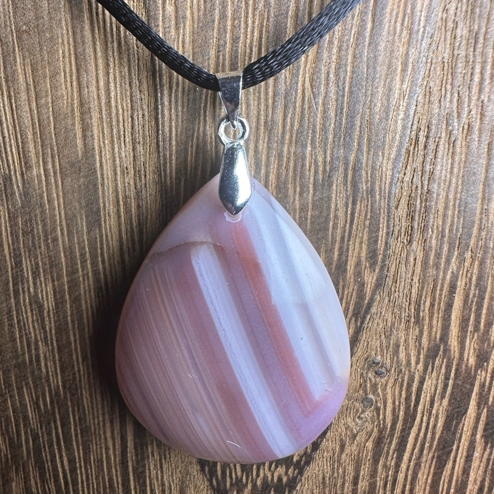 Pink Teardrop Agate Pendant Necklace with Black Cord - Picture 5 of 12